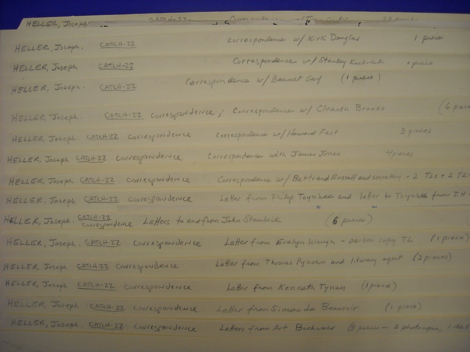 Folder labels for Joseph Heller Catch-22 correspondence in the Brandeis collection