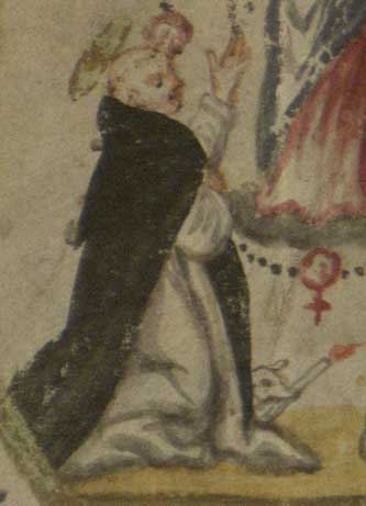 Close-up of an illustration featuring St. Dominic below and to the left of Mary and Jesus, with his hand raised