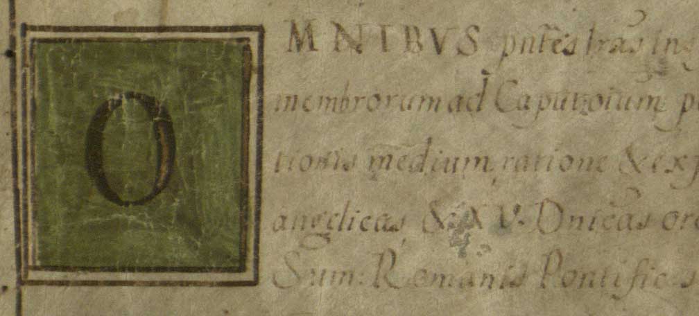 Closeup of a heading of a page with the letter 'O' illustrated within a green box
