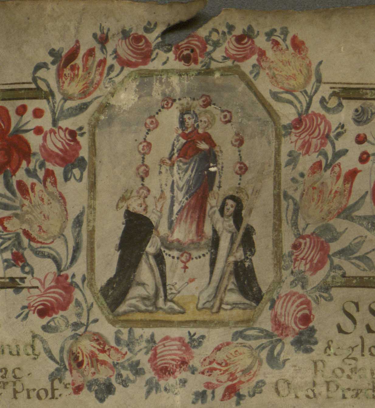 Illustration of Mary holding Jesus whilst two saints kneel (St. Dominic and an unidentified female saint), surrounded by a border of roses