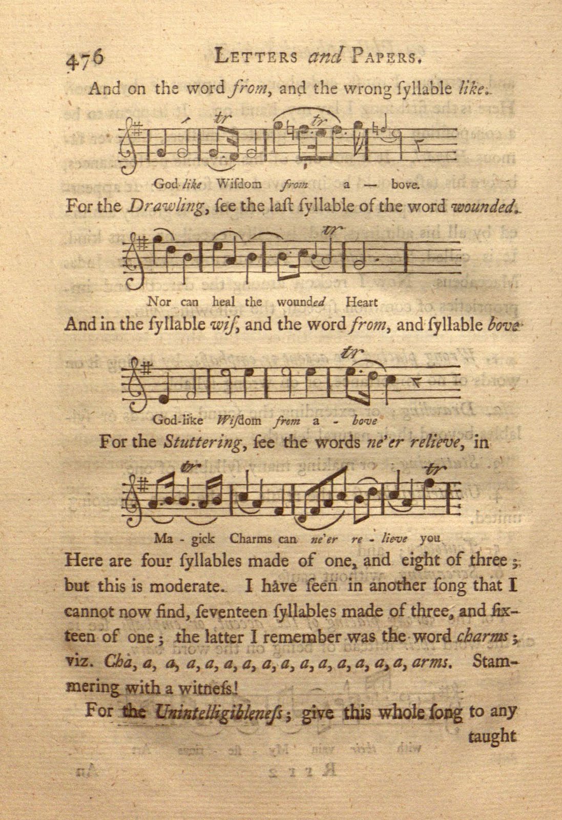 Page 476 of Experiments and Observations on Electricity Made at Philadelphia in America (c. 1751) from the chapter "Letters and Papers" with musical notation and explanations