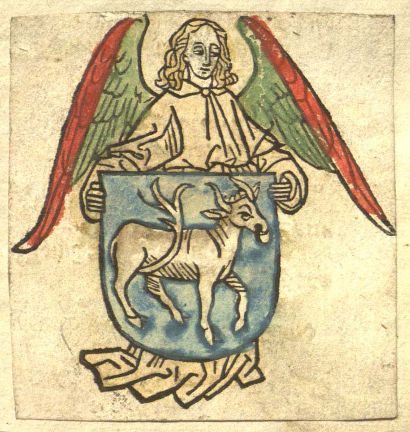 Bookplate with illustration of an angel holding a crest of a bull