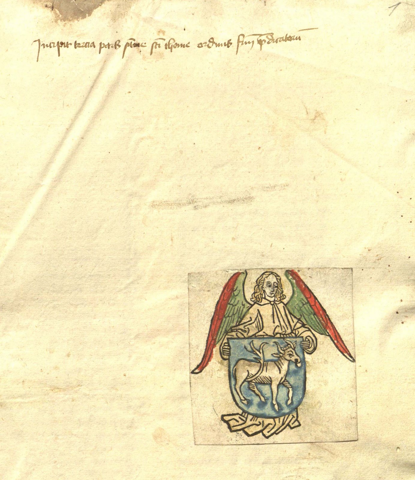 Scan of Thomas Aquinas's colorful bookplate (circa 1470s). It includes an inscription as well as an angel bearing a blue shield, which displays an ox argent.