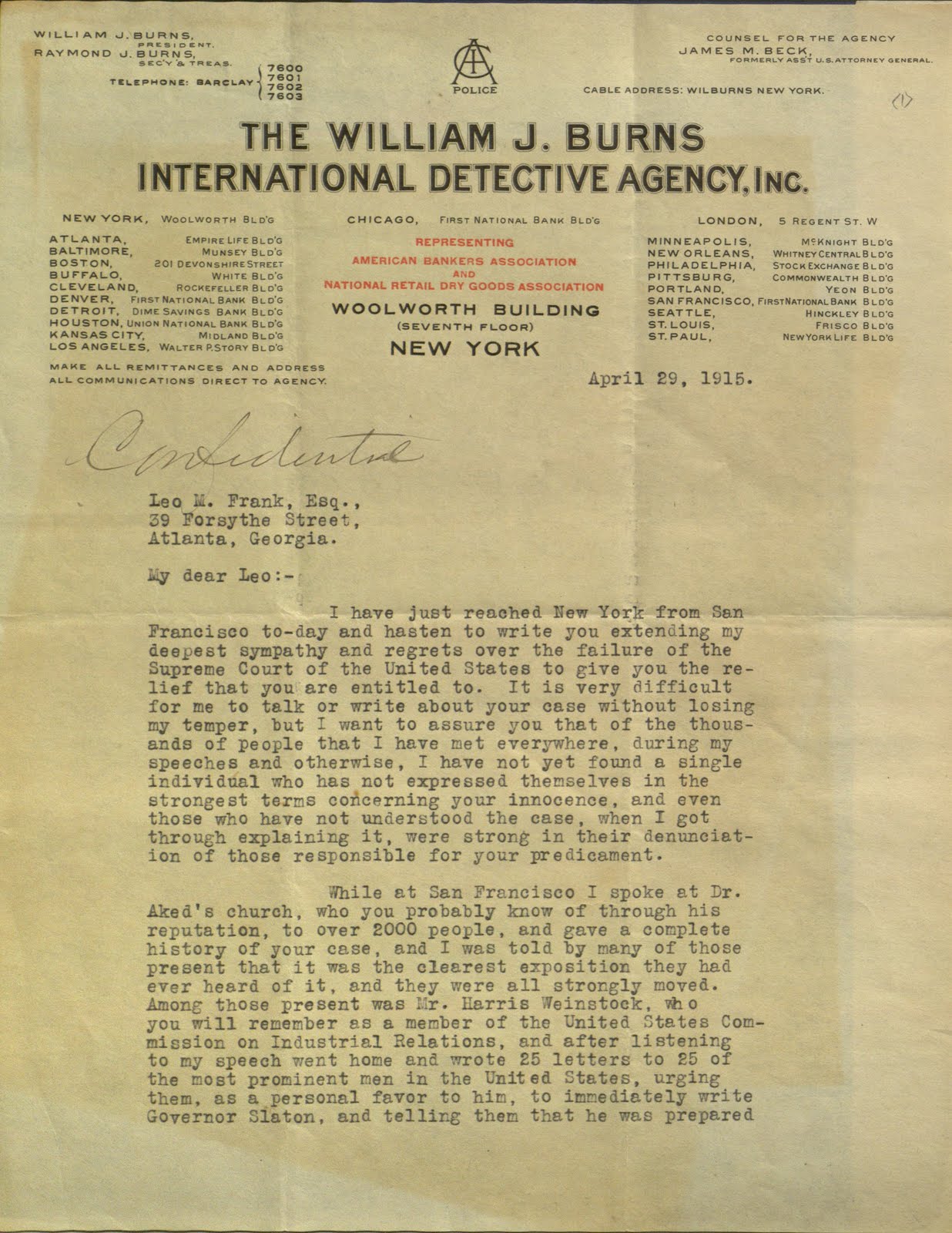 Confidential letter from The William J. Burns International Detective Agency to Leo Frank apologizing for the failure of the Supreme Court to release him from prison (April 29, 1915)