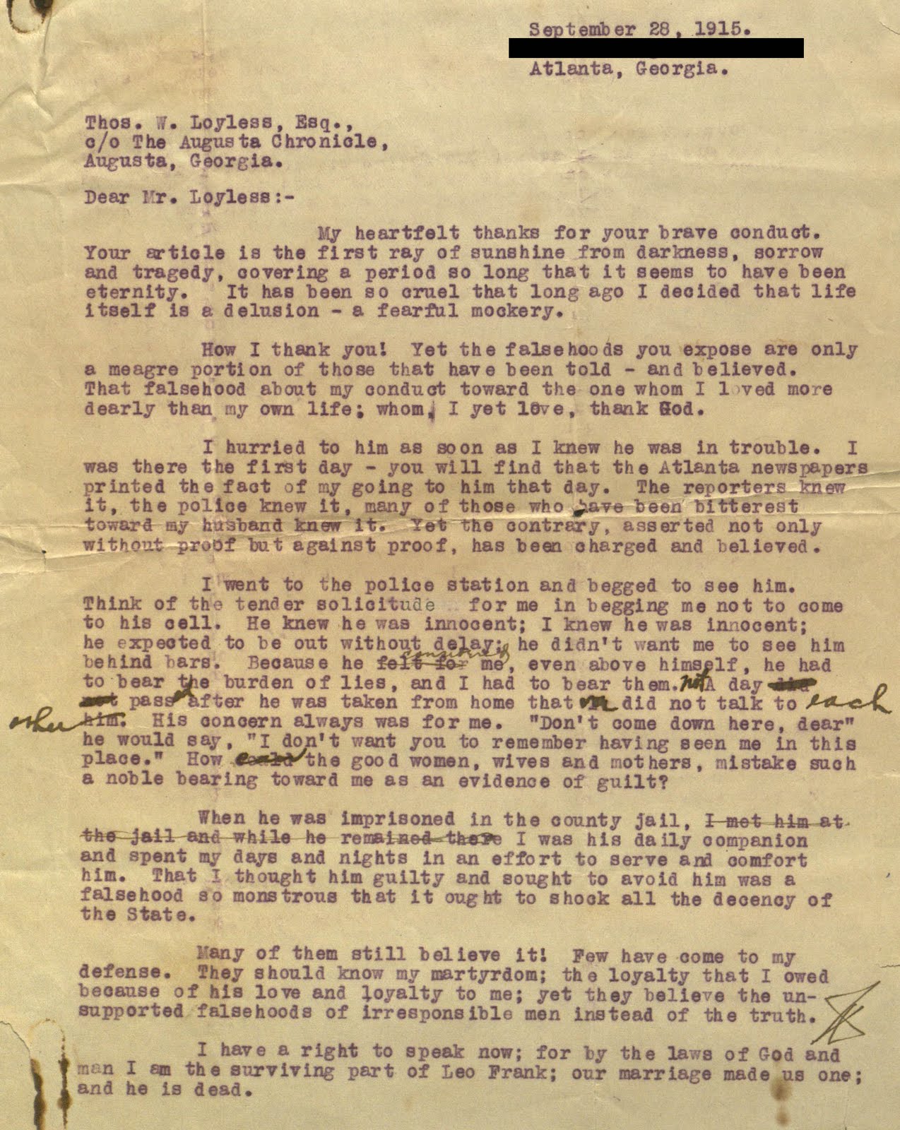 A worn-down telegram to Mr. Loyles from September 28, 1915
