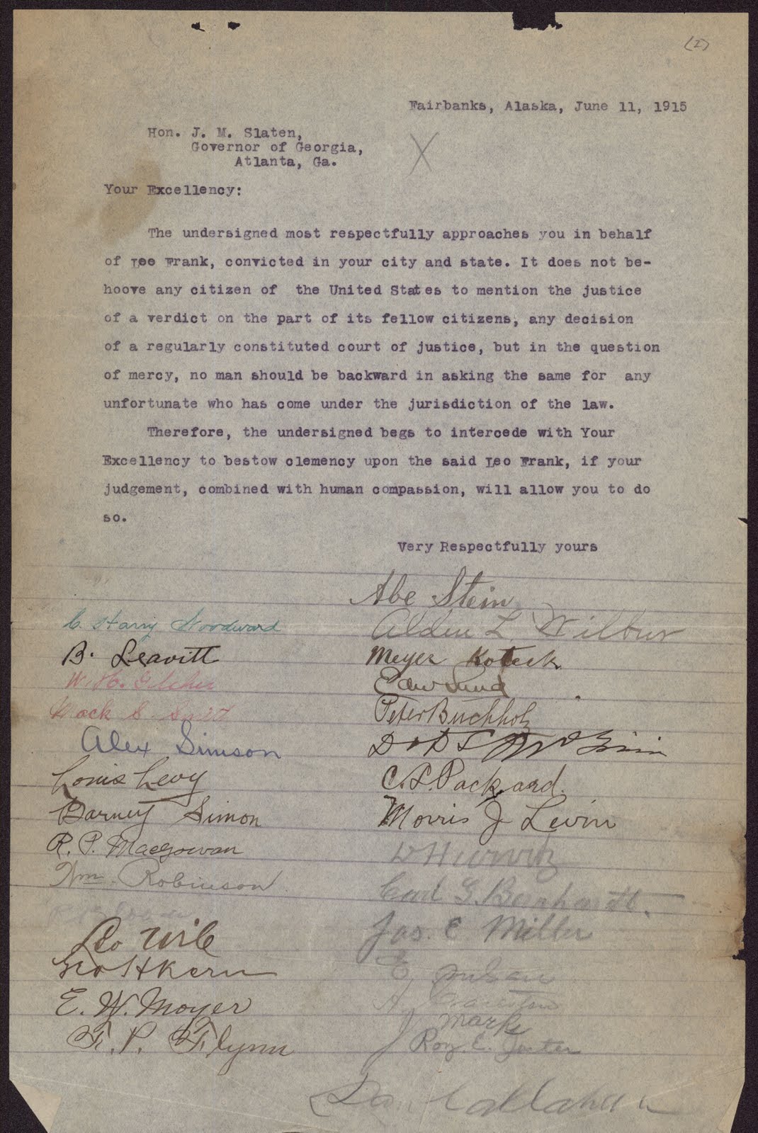 Petition addressed to Honor J. M. Slaton of Georgia, Atlanta asking for clemency for Leo Frank (June 11, 1915)