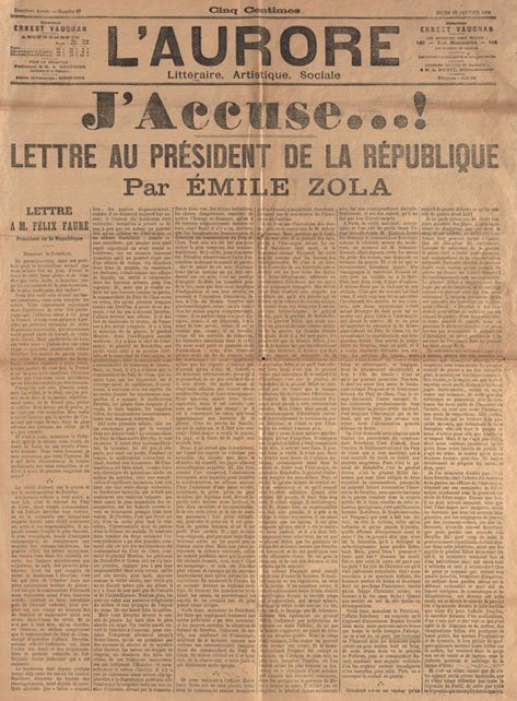 A scan of the open letter J'accuse! by Emile Zola, who attacked the French president, the government, and military leaders for conspiring against Dreyfus