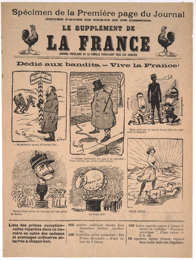 A page from a magazine titled Le Supplement de la France featuring various anti-Semitic illustrations in response to the Dreyfus Affair