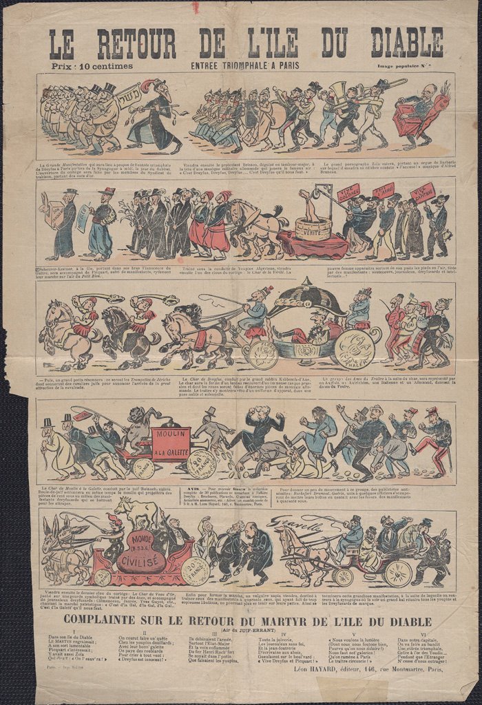 La Retour de L'Ile du Diable: hand colored caricatures with French text mocking Dreyfus with his return to Paris from Devil's Island