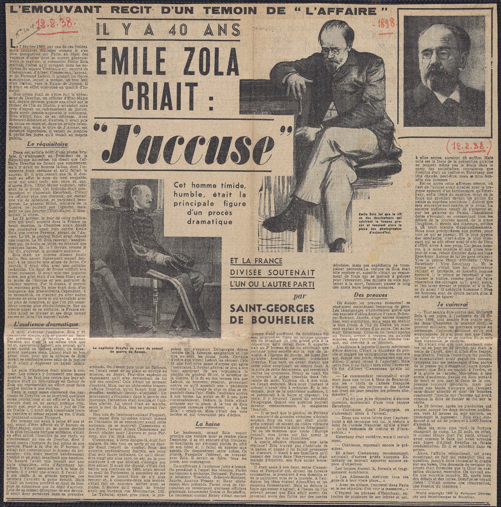 An excerpt from a newspaper with the headline Emile Zola Criait: J'accuse"