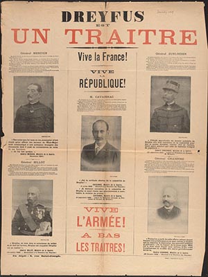 Newspaper page with headline: Dreyfus est un Traitre! Vive la France! Vive la Republque!