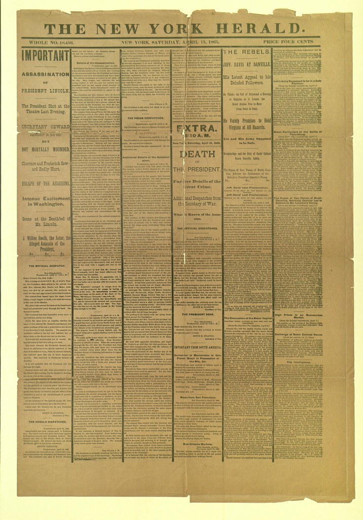Newspaper clipping from April 15, 1865 issue of The New York Herald that announced Lincoln's assassination