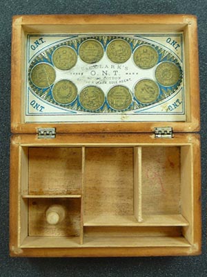 George A. Clark O.N.T. thread company produced a small sewing box that posthumously paid homage to Lincoln. The inside cover has an illustration of 10 bronze coins.