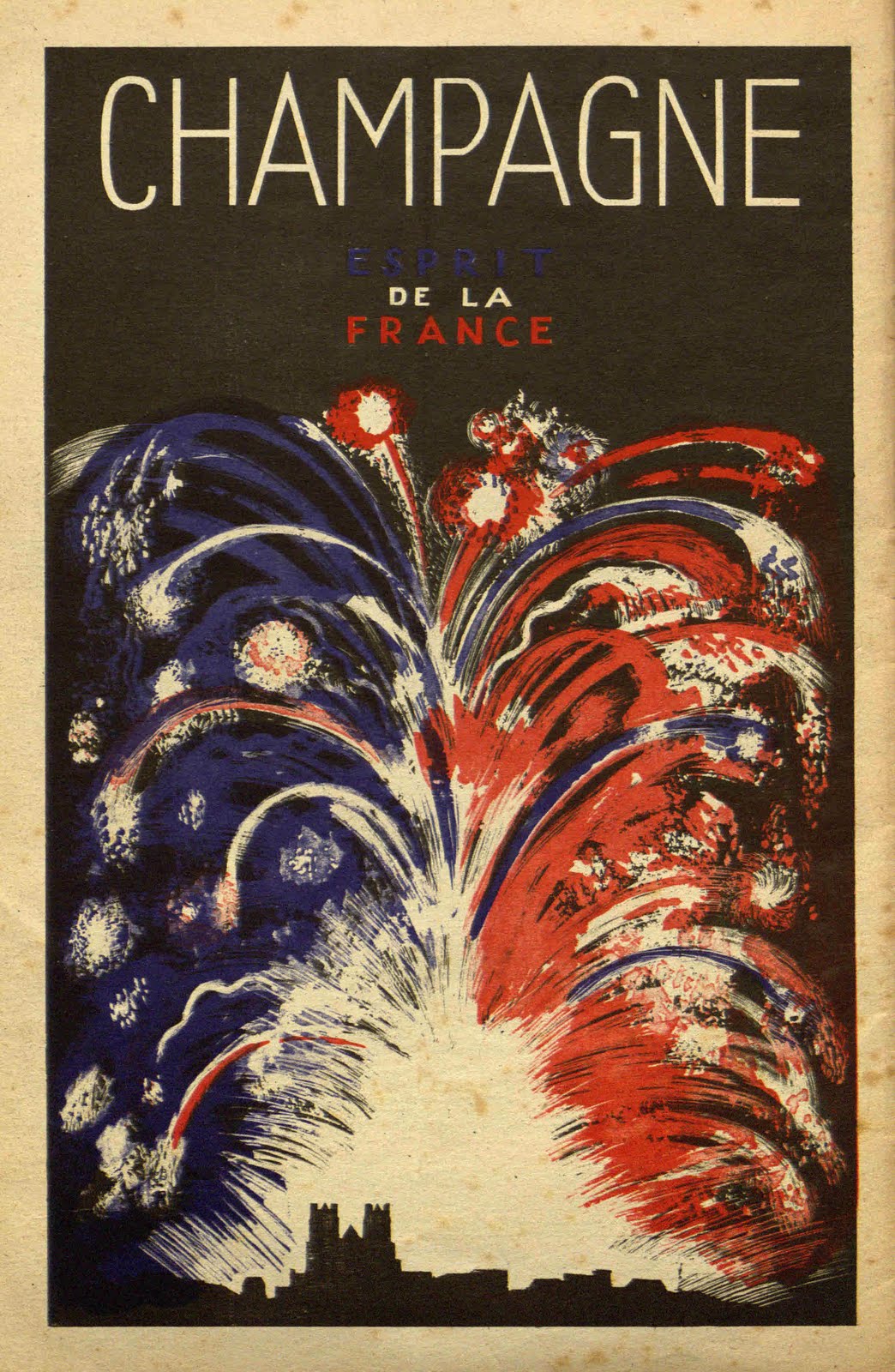 Cover of Le Temoin, Champagne, espirit de la France. Red, white and blue fireworks with cathedral in distance