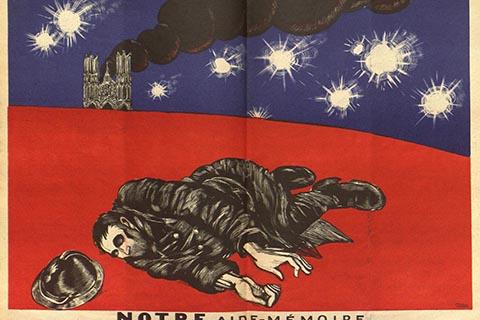 Le Temoin illustration of Notre Dame on fire with a fallen man in the foreground. The phrase "les causeries franco-allemandes: notre aide-memoire" translates to "Franco-German talks: our checklist" (circa 1933-1935).