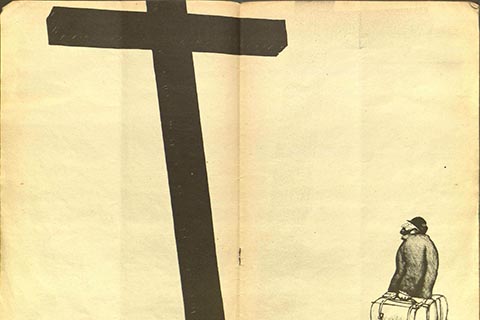 Centerfold illustration with caption "Celle-la Nst Pas Gammee" with man holding suitcases looking up at an enormous crucifix