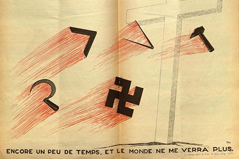 Centerfold illustration with caption "Encore un peu de temps et le monde ne me verra plus" with symbols, including swastika, crescent, ploughshare, etc, flying through the air past a  crucifix.