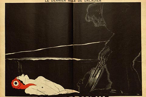 Centerfold illustration with text: "Le Dernier role de Daladier. Le Fossoyeur" and picture of a man digging next to Marianne's body on the ground