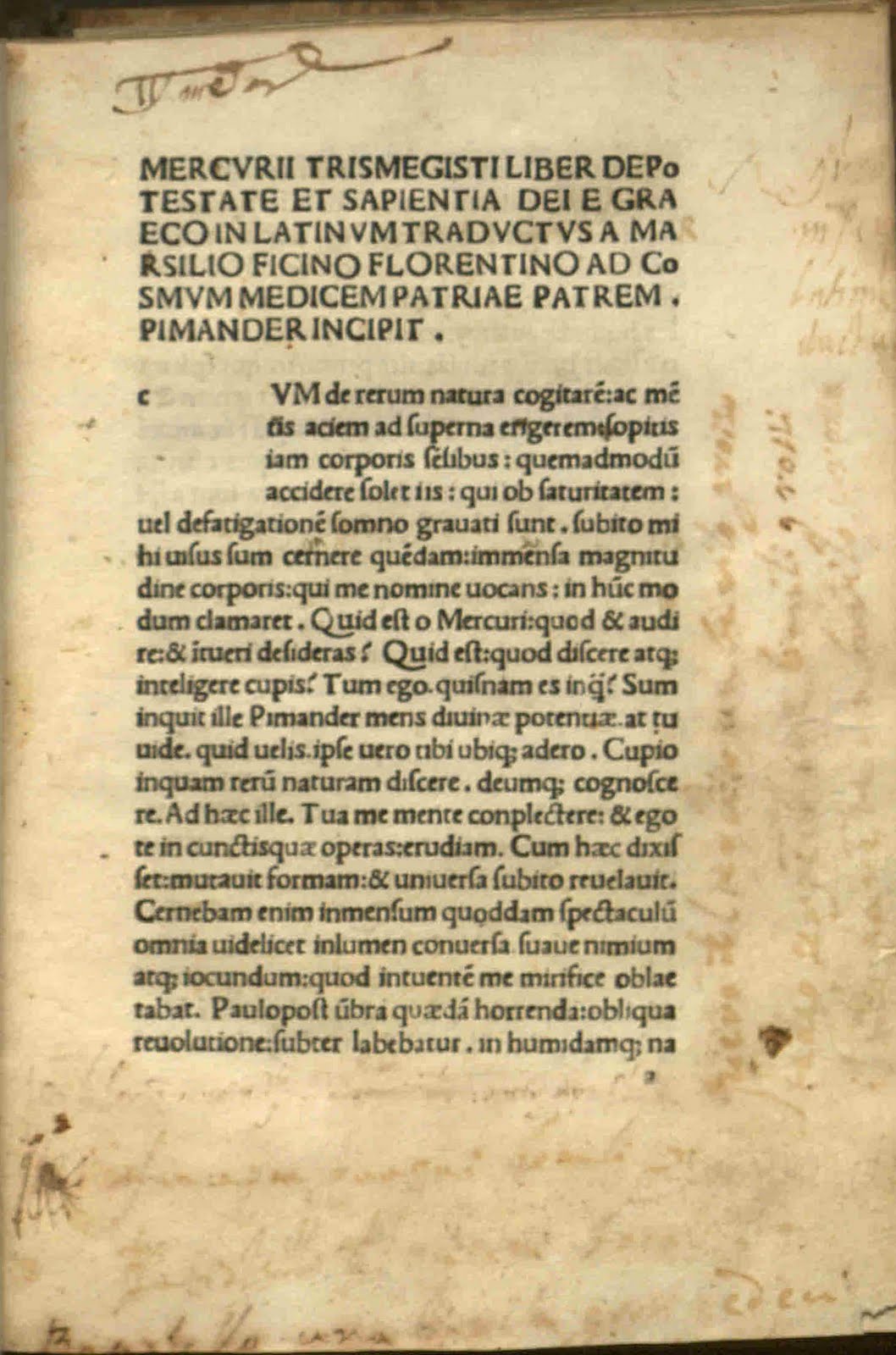 First page of Pimander, sive De potestate et sapientia Dei with margin notes
