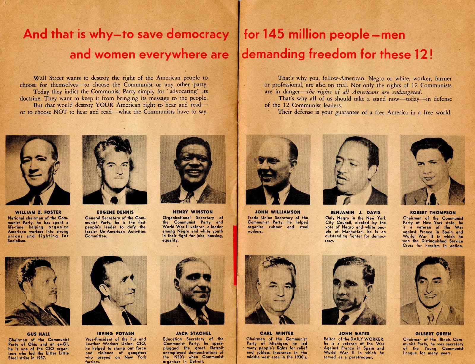 Pamphlet urging support for demanding freedom for 12 Americans facing indictment for being members of the Communist Party