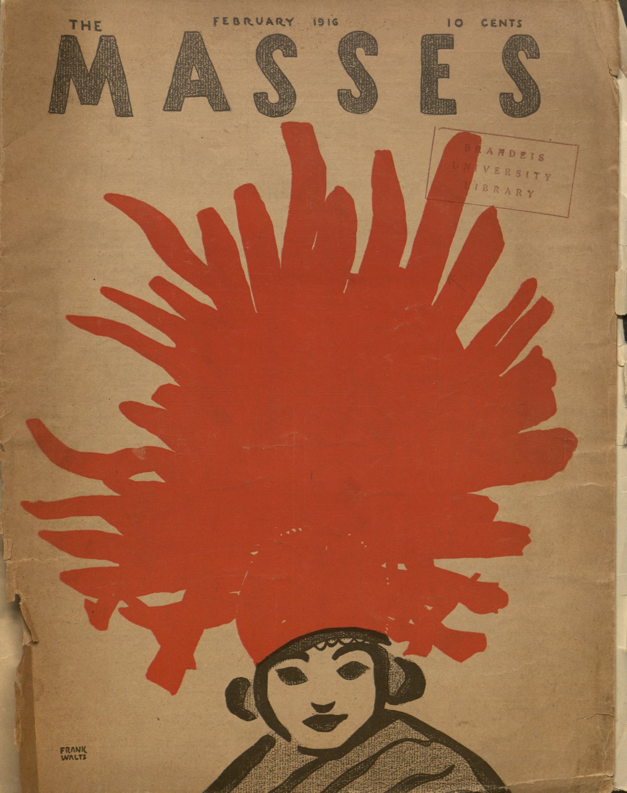 Labor radicalism magazine The Masses from 1916 with an illustration of a person wearing a large red headpiece