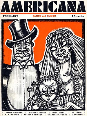 Cover of "Americana," satirical magazine, with illustration of an African American fride, groom and baby.