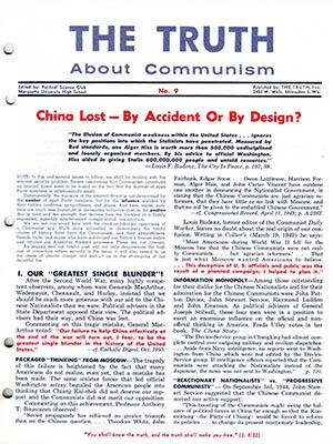 Page of a pamphlet titled The Truth About Communism featuring an article about U.S. foreign policy with China