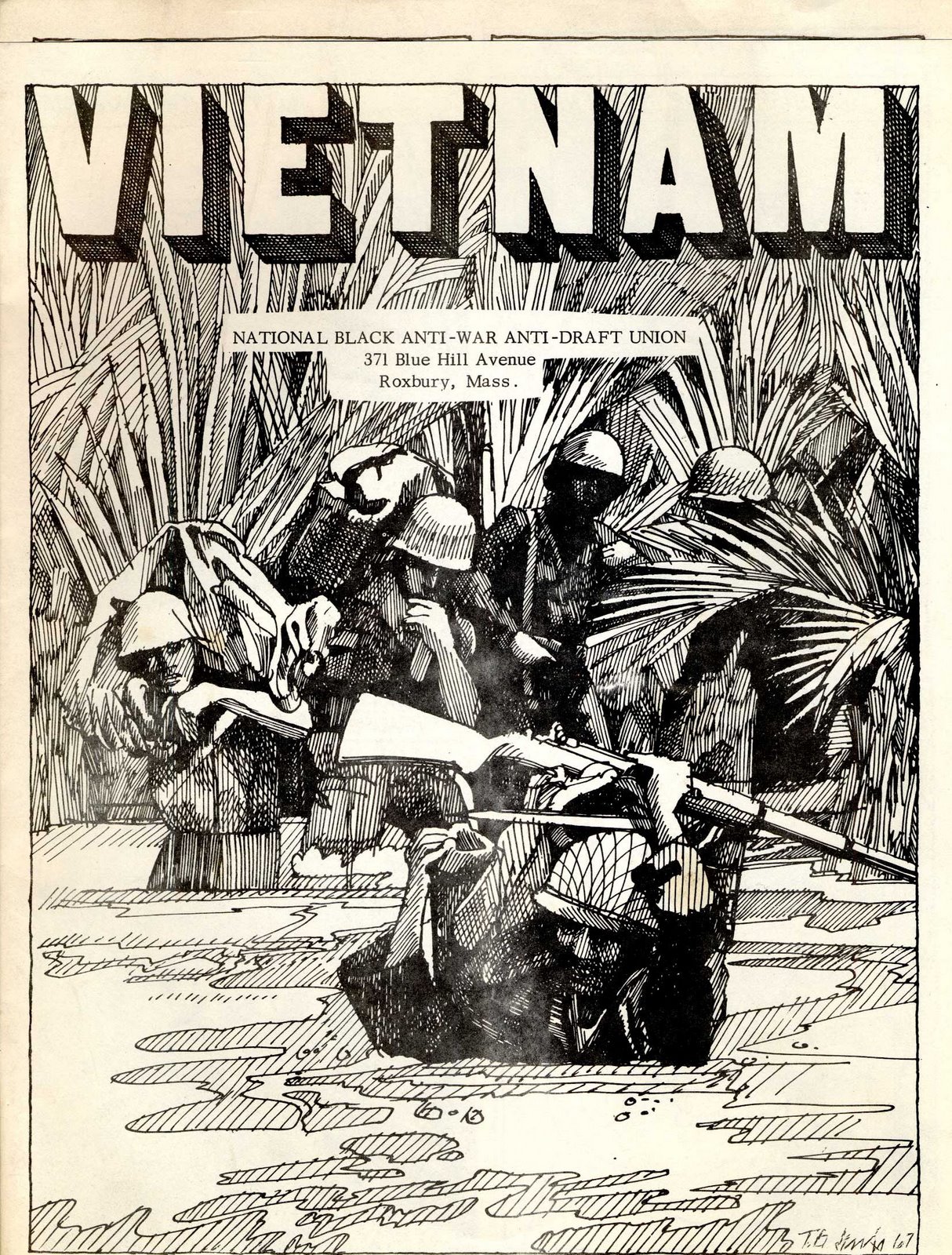 Event poster featuring an illustration of soldiers crossing a chest-deep river with the word Vietnam across the top, text: National Black Anti-War Anti-Draft Union