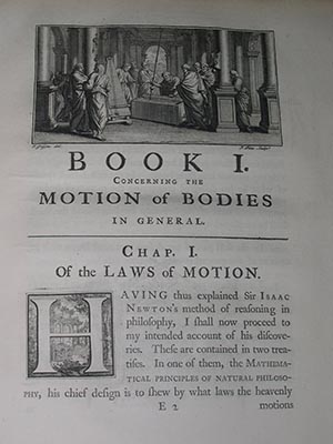 Book One Concerning the Motion of Bodies, Chapter 1 with illustration at the top of men wearing togas gathered around a table in a room with columns and arches