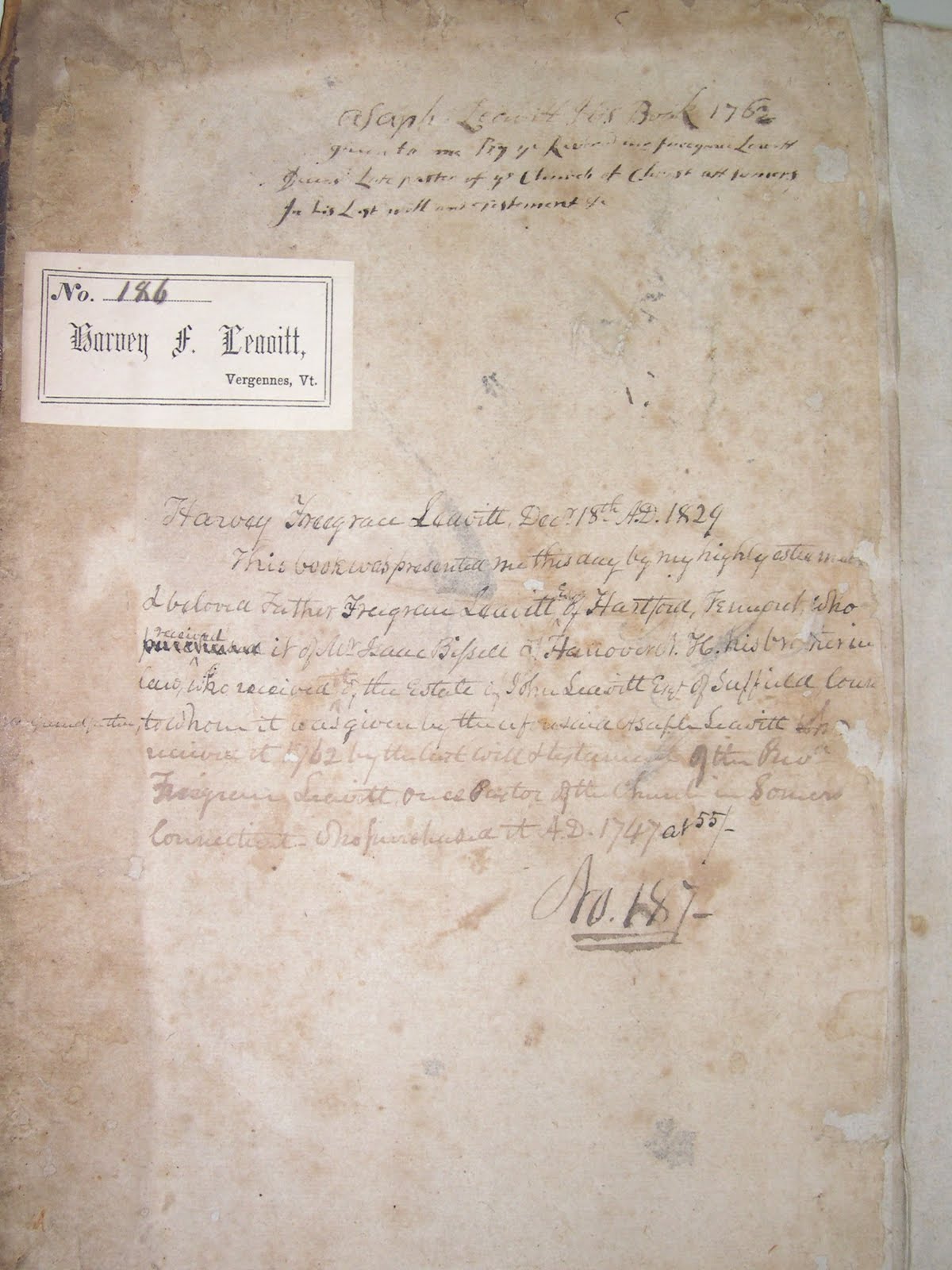 Handwritten script on inside cover of a book, written by Harvey Leavitt, noting the date he was presented with this book