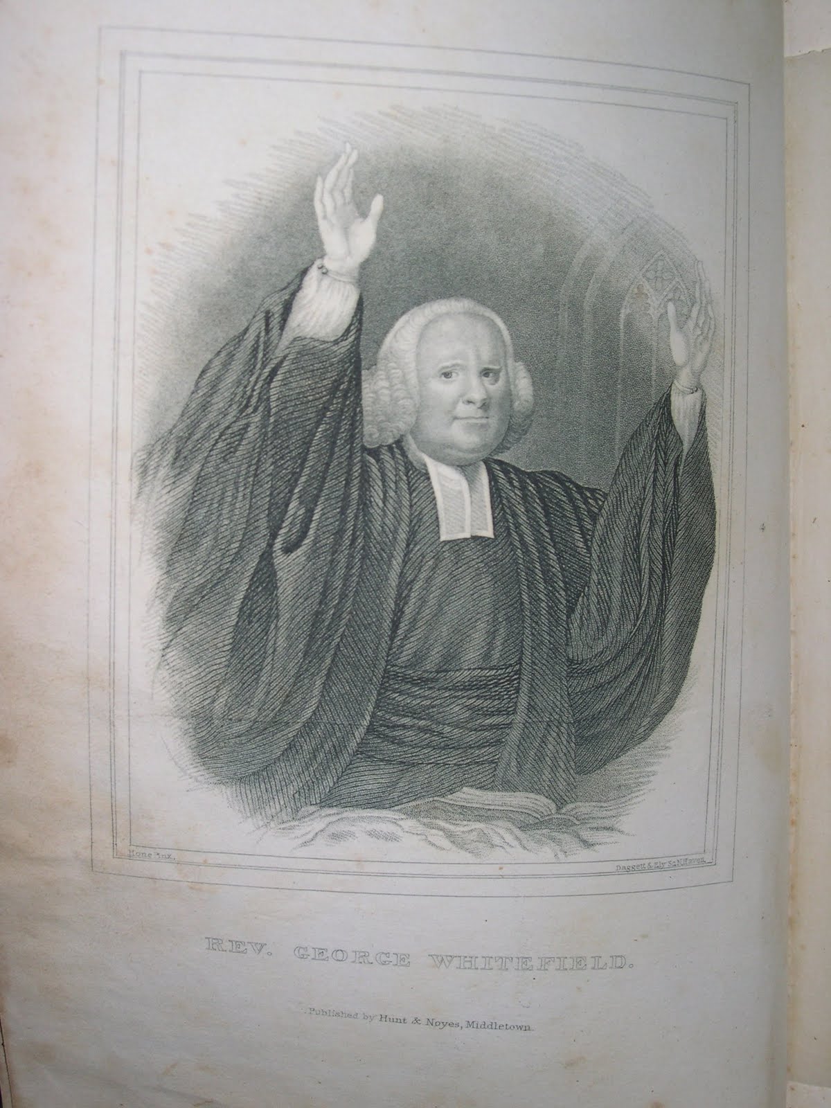 Illustration of Reverend George Whitefield with hands raised
