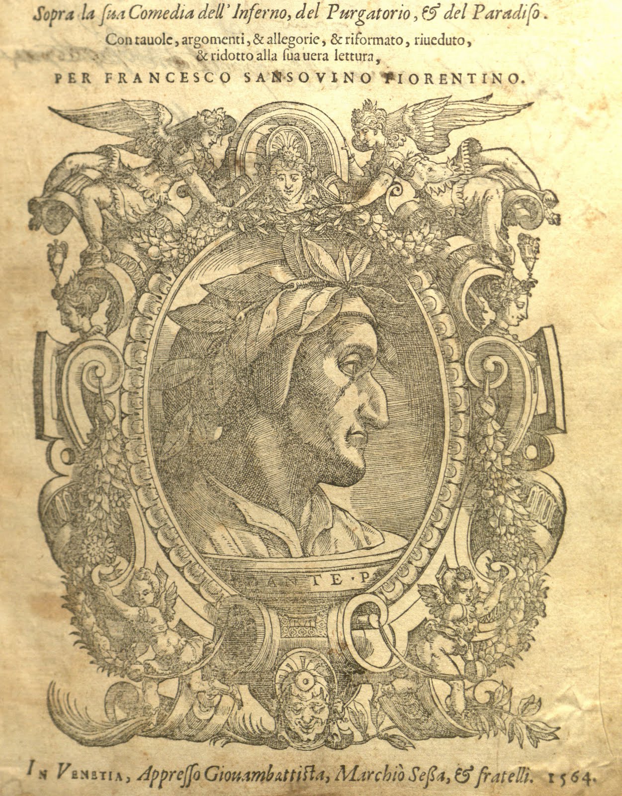 Cropped excerpt from the title page of Dante con lespositione di Christoforo Landino, et di Alessandro Vellutello, sopra la sua comedia dell' Inferno, del Purgatorio, & del Paradiso, Sansovino edition