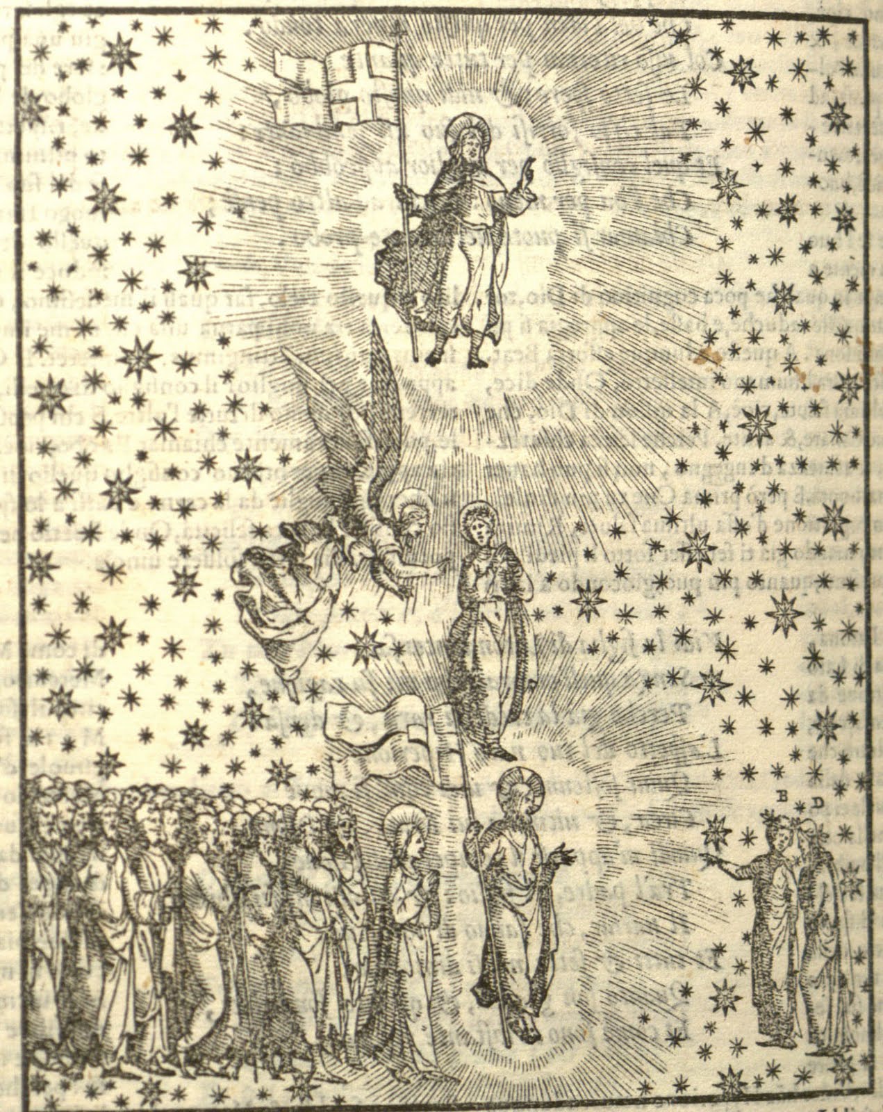 Illustration from Dante's Divine Comedy with people on the ground, angels in the air, and holy figures in the heaven and on the ground.