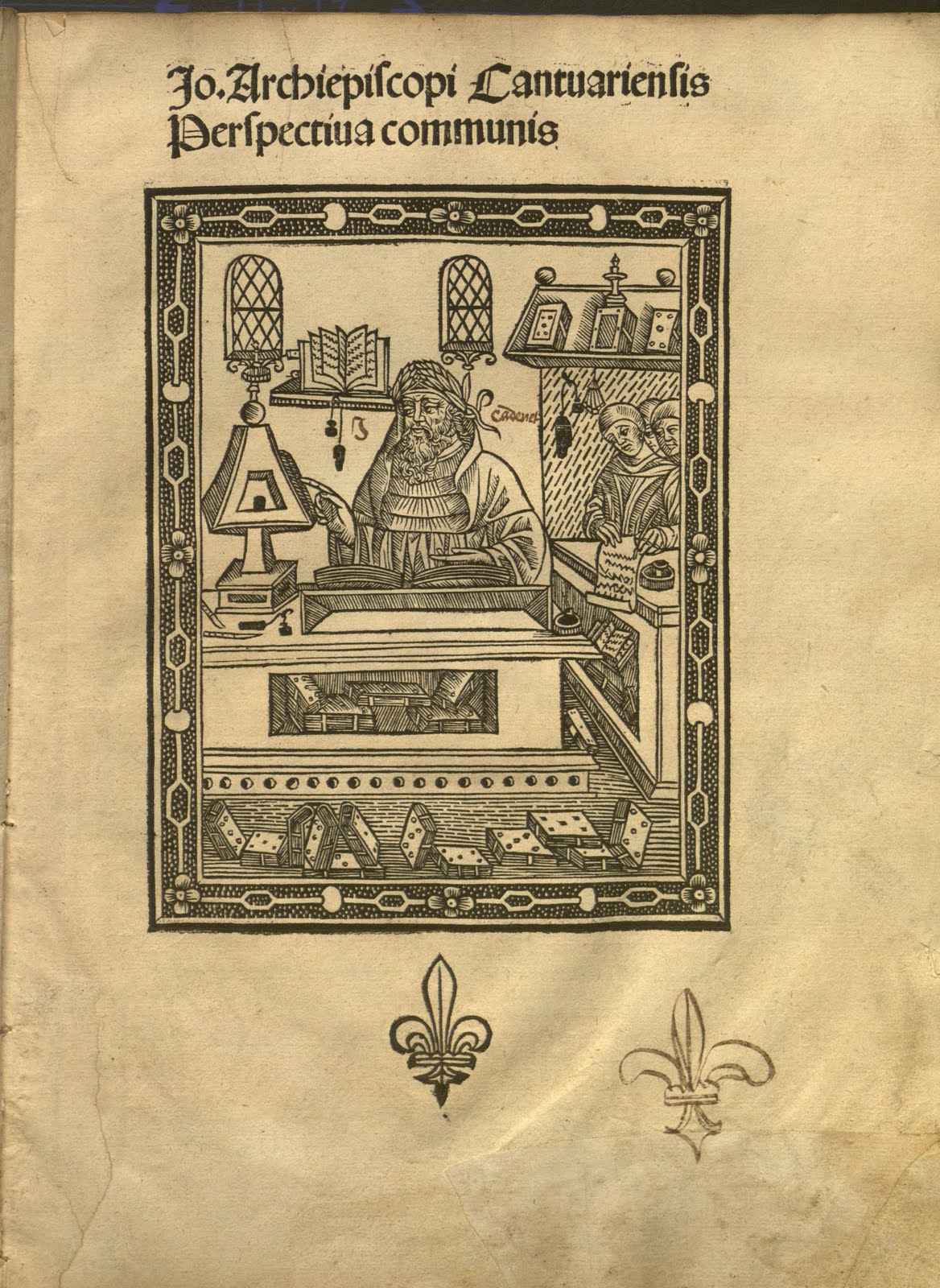 Full-page title illustration of John Cantuarensis at his desk studying a scientific instrument as he dictates his discoveries to several scribes. 