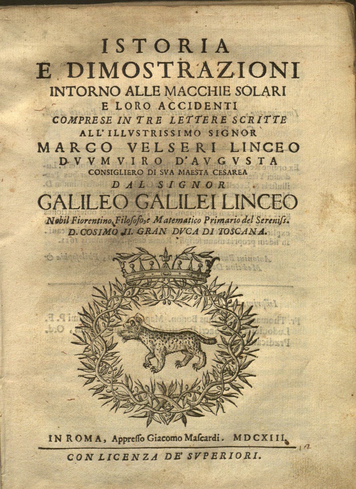 Title page of Galileo's Istoria e dimostrazioni intorno alle macchie solarie loro accidenti (1613)
