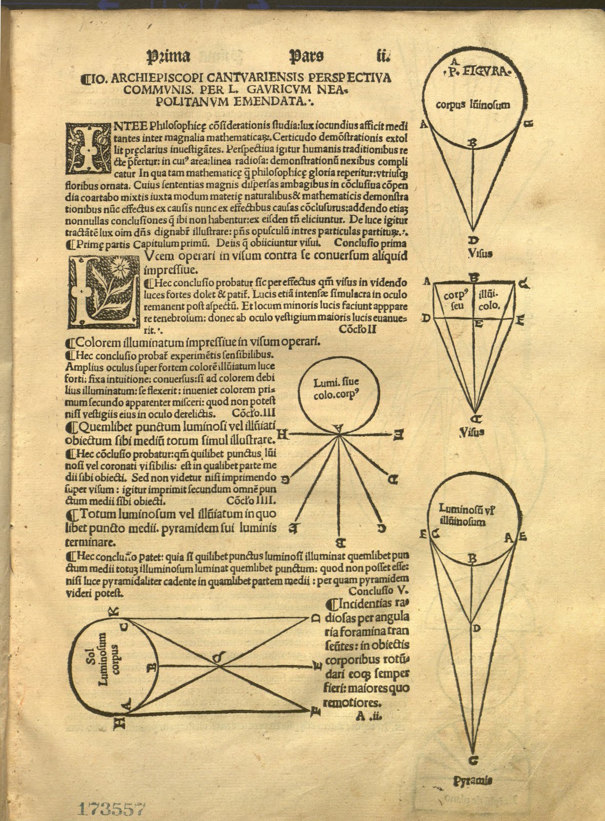 page from Perspectiva Communis with diagrams and illustrated initial capital letters at the beginning of paragraphs