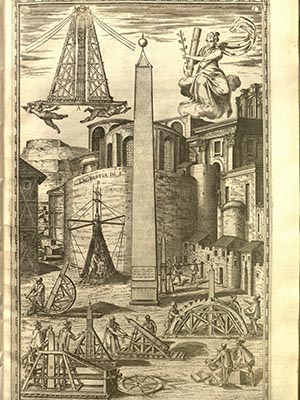 A plate from the series of drawings depicting the moving of an obelisk to St. Peter’s Square and its erection before the basilica of St. Peter in the Vatican.