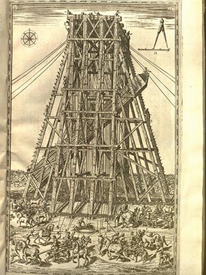 Obelisk scaffolding going up: A plate from the series of drawings depicting the moving of an obelisk to St. Peter’s Square and its erection before the basilica of St. Peter in the Vatican.