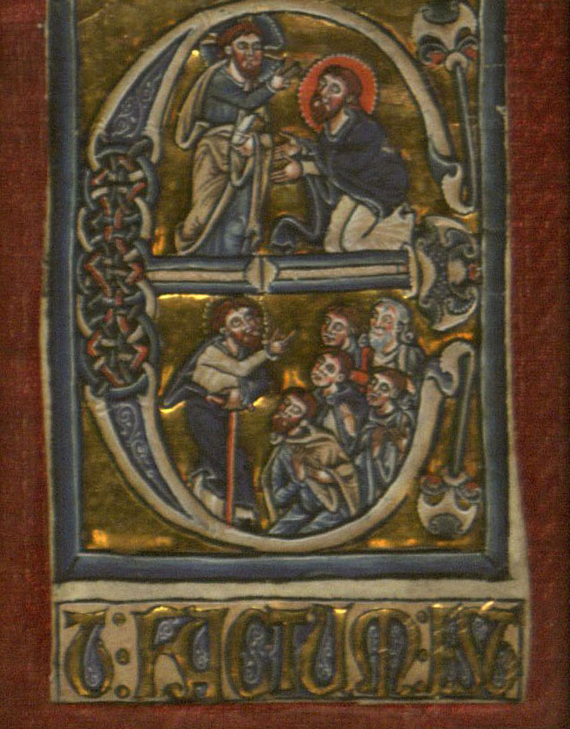 Example of an inhabited initial letter E from the 14th-century breviary fragment, with two scenes: On the top St. Peter kneels before Christ, and on the bottom Christ preaches to his followers. 