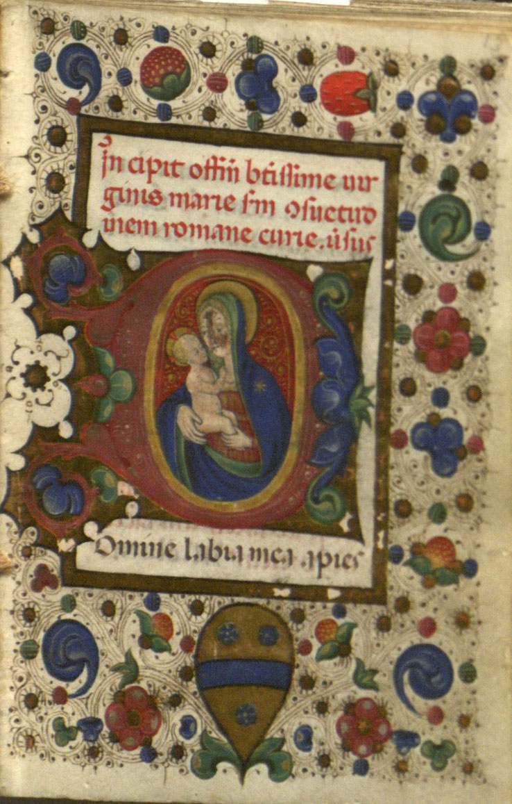 Example of an ornate "inhabited letter" from the 15th-century Italian Book of Hours, depicts the Virgin Mary holding the baby Jesus inside a letter D. 