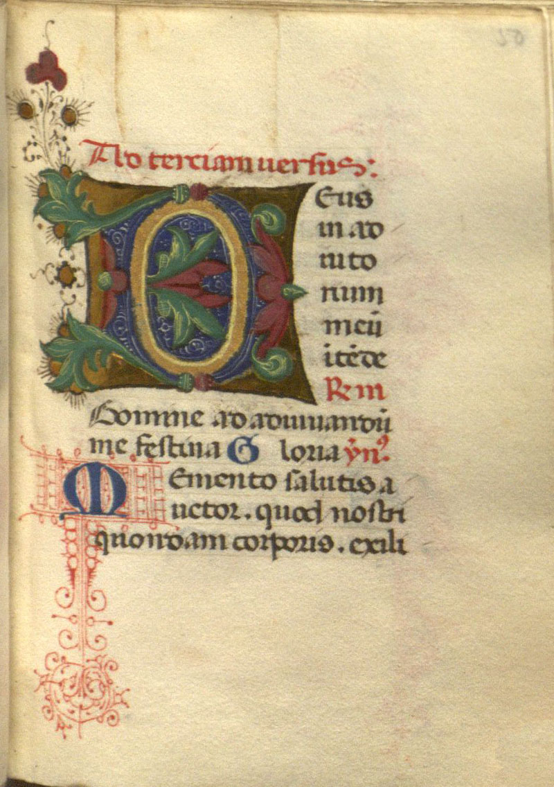  A heavily illuminated initial letter D from the 15th-century Italian Book of Hours, seven lines in height with swirling patterns.