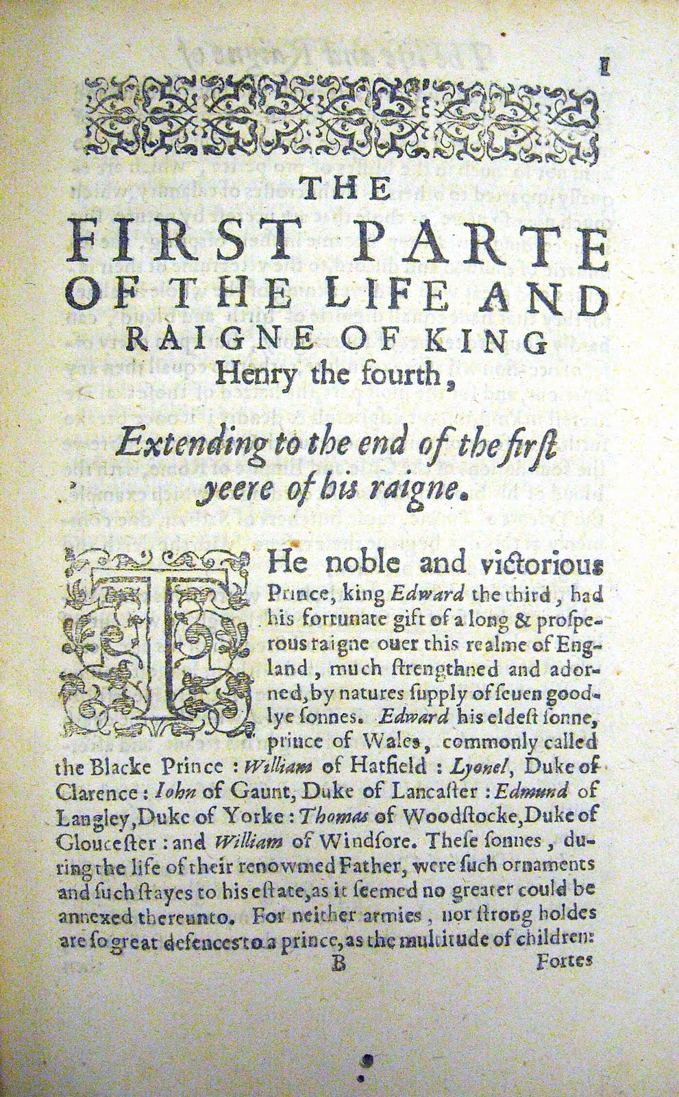 First page of The First Part of the Life and raigne of King Henrie the IIII