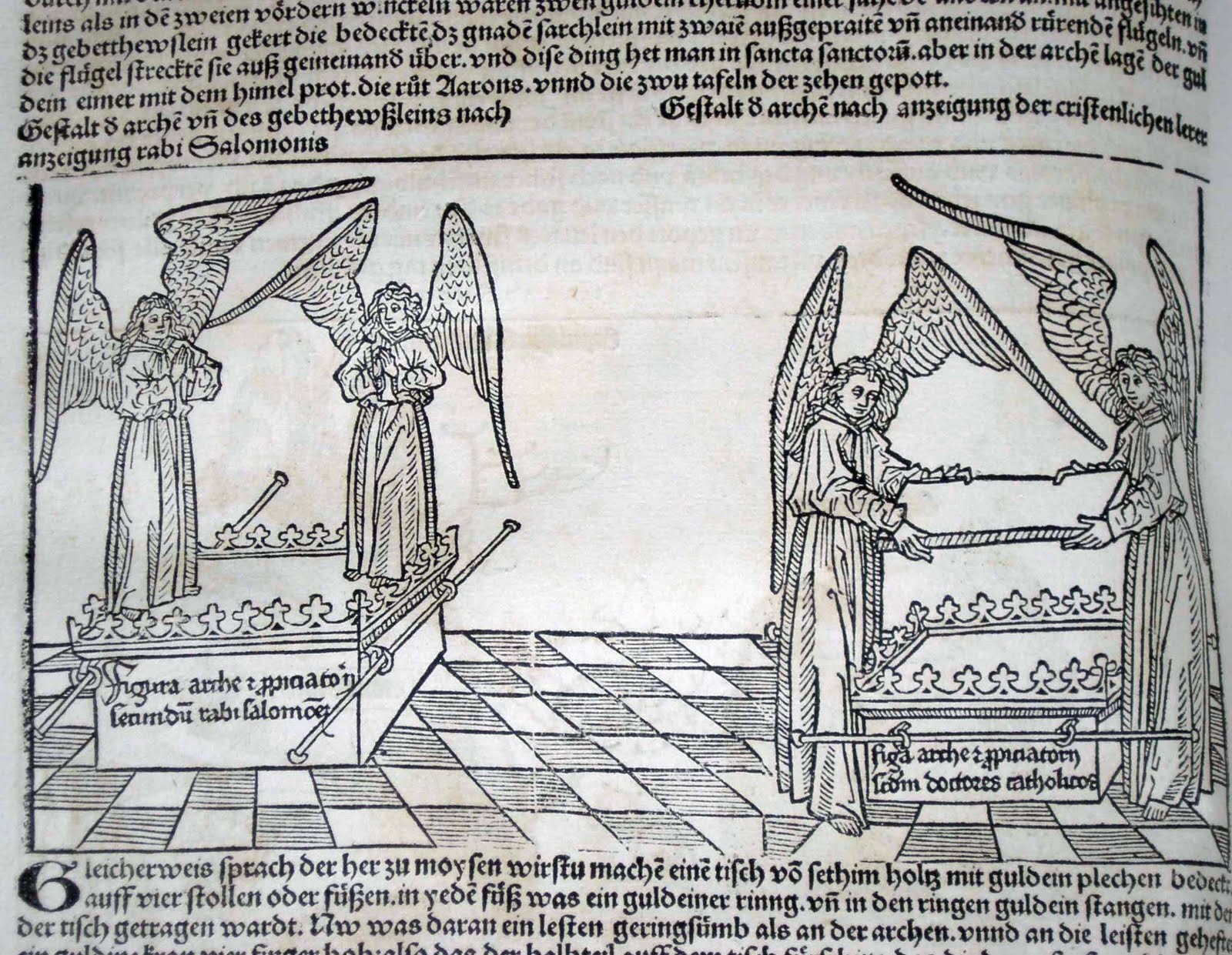 Excerpt of a page from the German edition of The Nuremberg Chronicles with illustration containing 4 angels