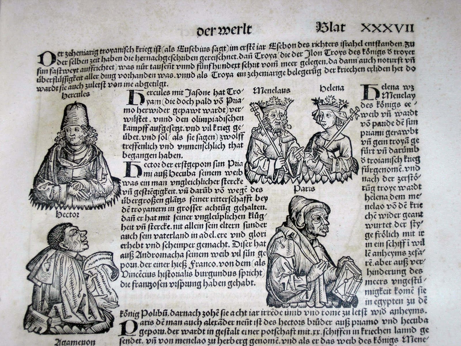 Page from the Latin edition of The Nuremberg Chronicles containing illustrations of Hercules, Hector, Menelaus, Helena and Paris