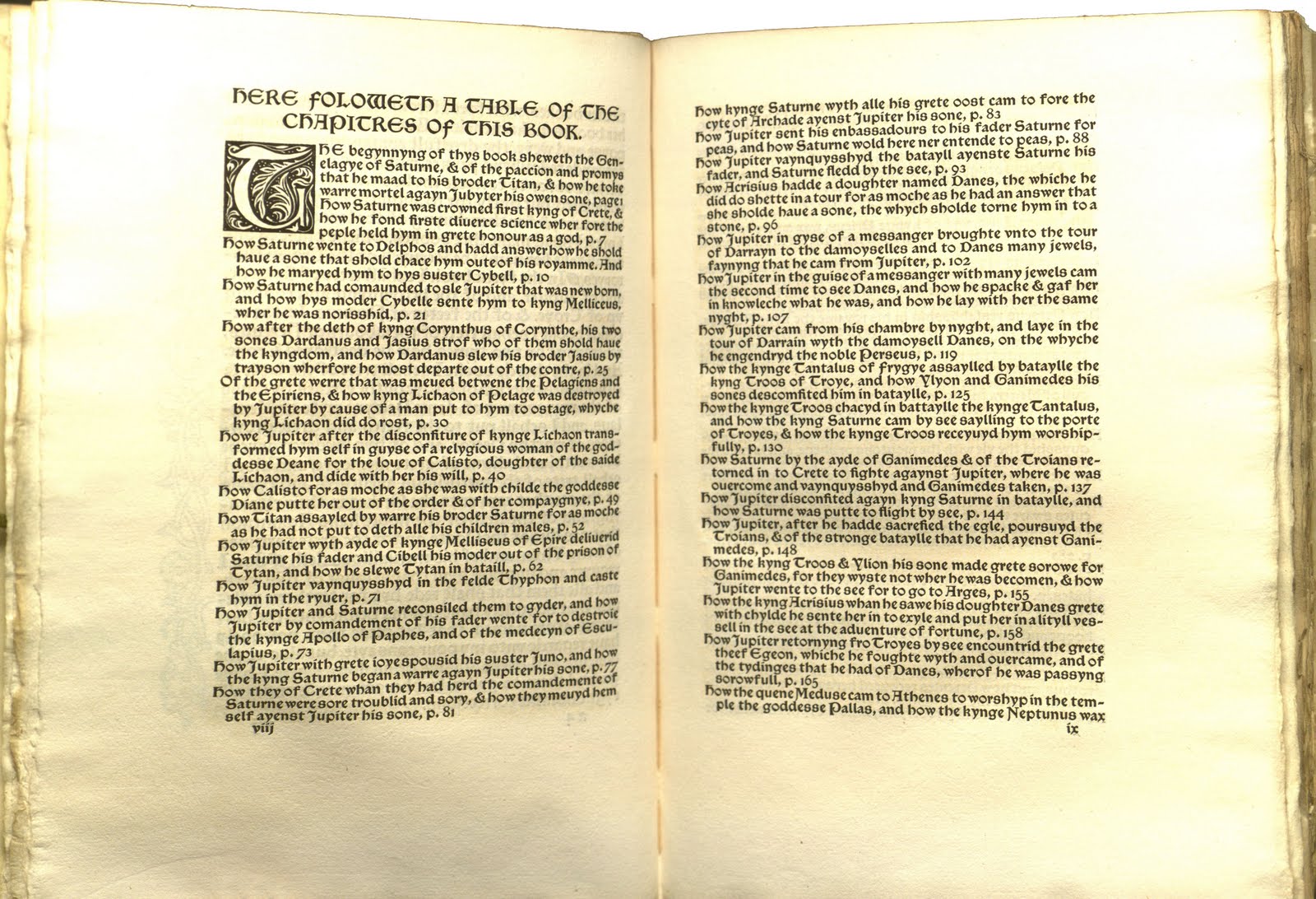 A two-page spread with initial caps listing the chapters in the book with this introductory text: Here followeth a table of the chapitres of this book