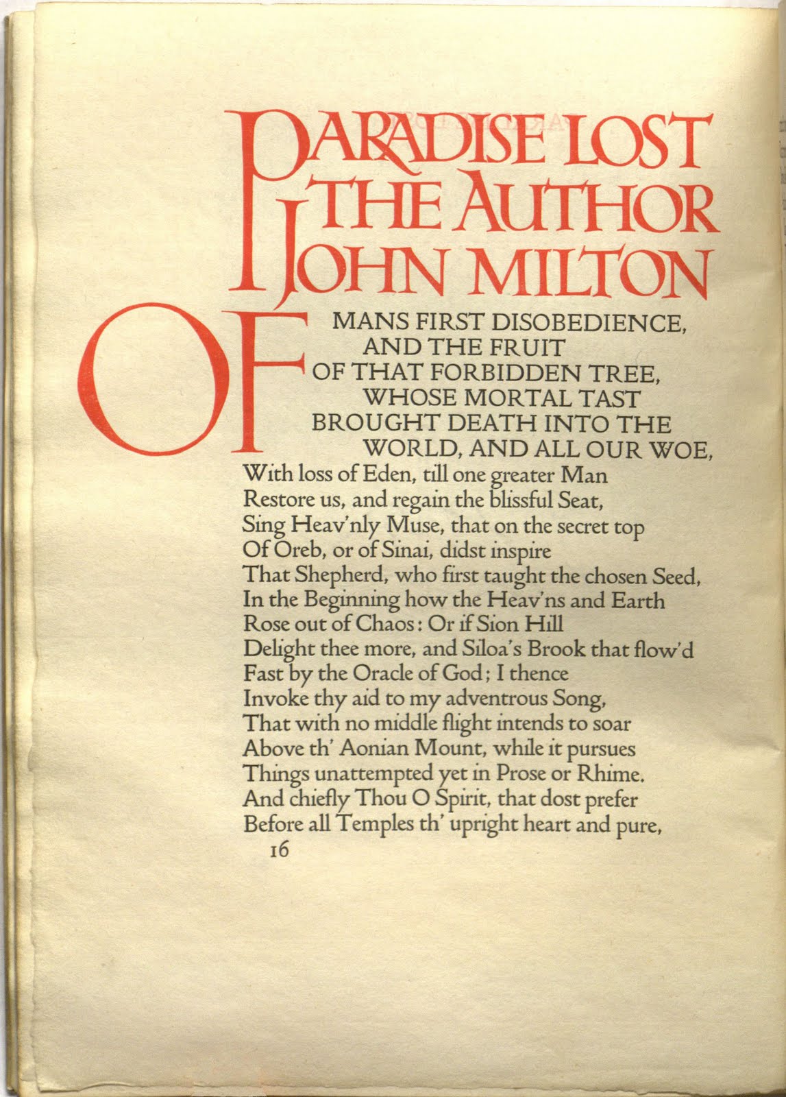 Excerpt from John Milton's Paradise Lost with title, author and first word in oversized orange type.