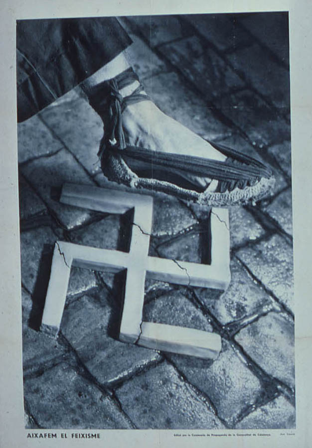  A Catalonian poster (by Pere Catalá Roca) pictures a foot wearing a peasant's sandal stomping on a swastika. 