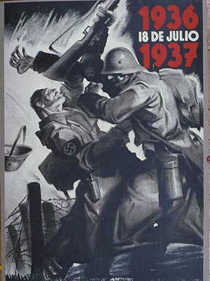 A poster, by José Bardasano, commemorates one year of war with an image of a Republican soldier punching a soldier who wears a swastika, throwing him backward against barbed wire. Text reads: 1936 18 Julio 1937.