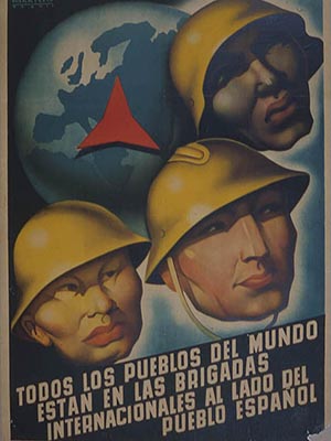 Poster with the heads of 3 soldiers of different races against a background image of the earth. "Todos los pueblos del mundo estan en las brigadas internacionales al lado del pueblo espanol"