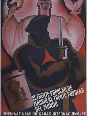 Illustration of a silhouette of a soldier in the foreground. Background has a large female figure wearing a can arc of sheaths of wheat in the other. Text reads: rown, with a dove in one hand and "El Frente Popular de Madrid al Frente Popular del Mundo"
